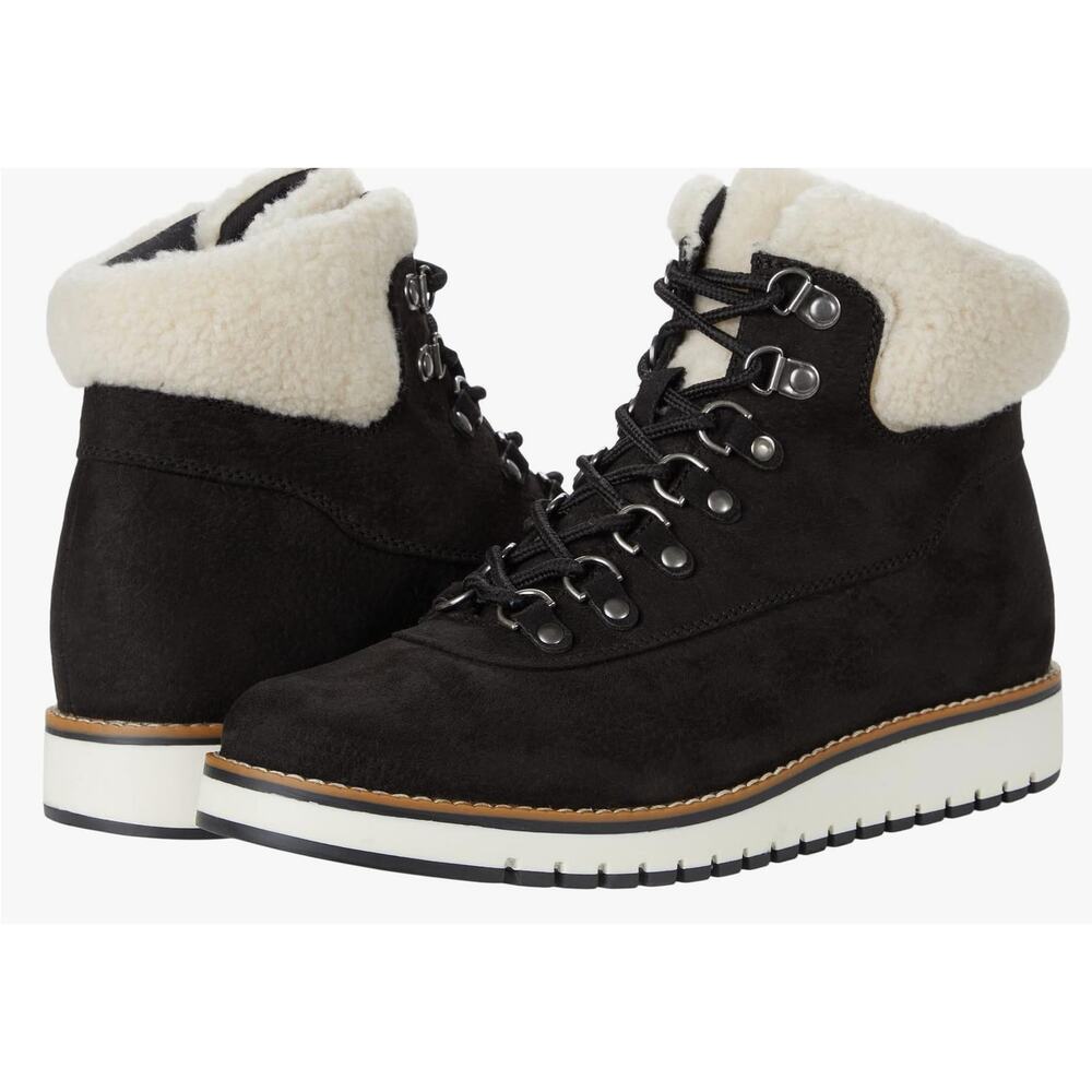 White Mountain Cozy Boots 8 Black NWOT Ankle Booties Lace Up Faux Fur Shearling